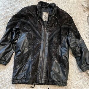 VINTAGE H.B. Leather Long Embroidered Zip Up Jacket Medium